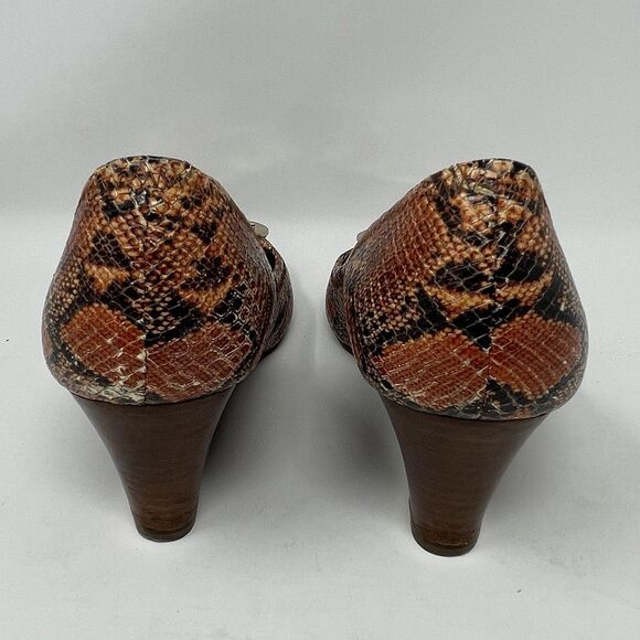 Tory Burch Peep Toe Wedge Heels Snakeskin Pattern Gold Logo Size 9 - Picture 4 of 7